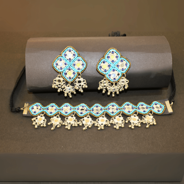 Glitterrie Handcrafted Vintage Ethnic Choker Necklace and Earrings Set, Blue Crystal Beaded, Gold-Toned Danglers, Traditional Design for Girls & Women