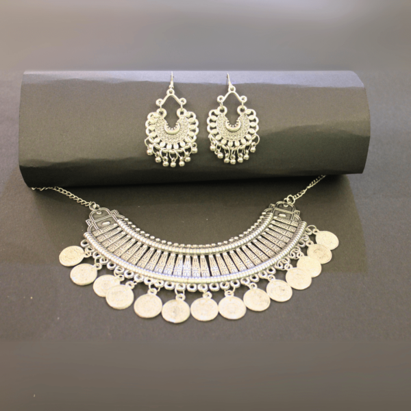 Glitterrie Vintage Boho Tribal Coin Necklace and Chandbali Choker Necklace Earrings Set, Antique Silver Tone, Traditional Indian Style For Girls & Women