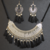 Glitterrie Stylish Bohemian Statement Necklace Set with Black Tassels, Antique Silver Tribal Design, Matching Earrings for Girls & Women