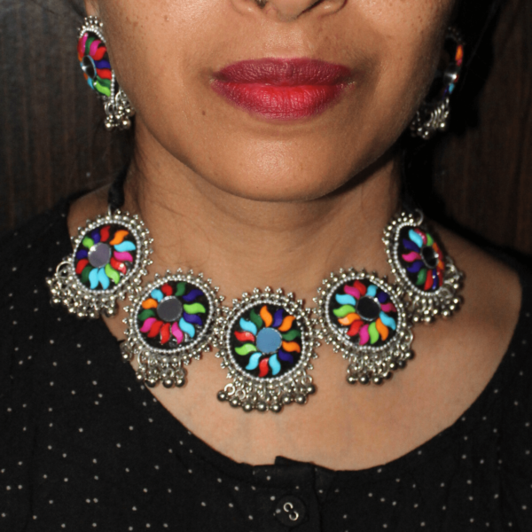 Glitterrie Latest Stylish Multicoloured Floral Statement Necklace and Earring Set, Oxidised Silver Finish, Traditional Design for Girls & Women