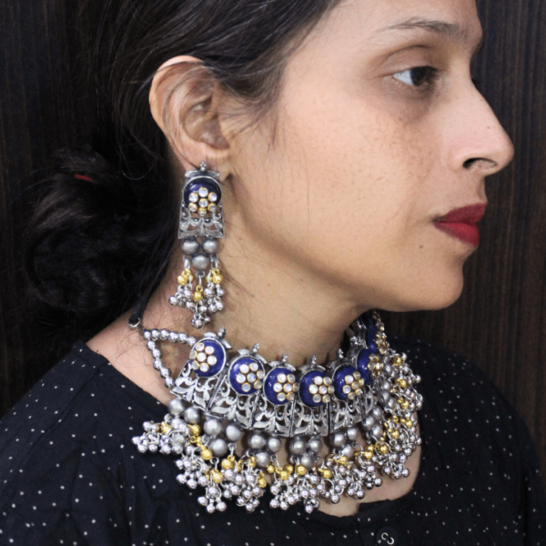 Glitterrie Handcrafted Traditional Kundan Choker Necklace & Earrings Set |Oxidized Jewelry with Pearl Drops | Perfect for Bridal, Party & Ethnic Wear
