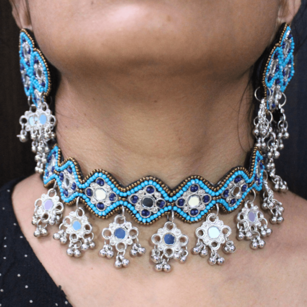 Glitterrie Handcrafted Vintage Ethnic Choker Necklace and Earrings Set, Blue Crystal Beaded, Gold-Toned Danglers, Traditional Design for Girls & Women