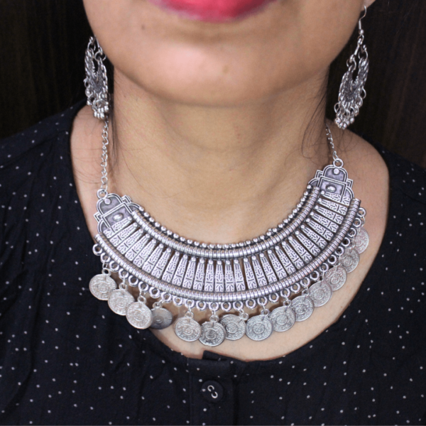 Glitterrie Vintage Boho Tribal Coin Necklace and Chandbali Choker Necklace Earrings Set, Antique Silver Tone, Traditional Indian Style For Girls & Women