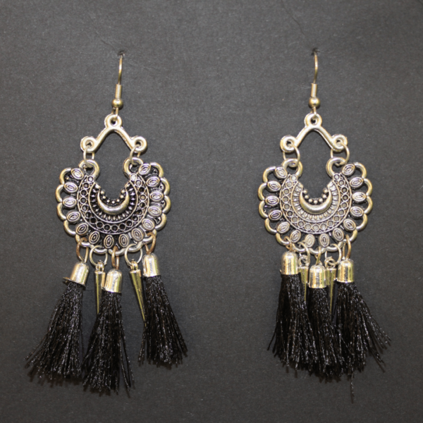 Glitterrie Stylish Bohemian Statement Necklace Set with Black Tassels, Antique Silver Tribal Design, Matching Earrings for Girls & Women