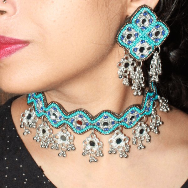 Glitterrie Handcrafted Vintage Ethnic Choker Necklace and Earrings Set, Blue Crystal Beaded, Gold-Toned Danglers, Traditional Design for Girls & Women