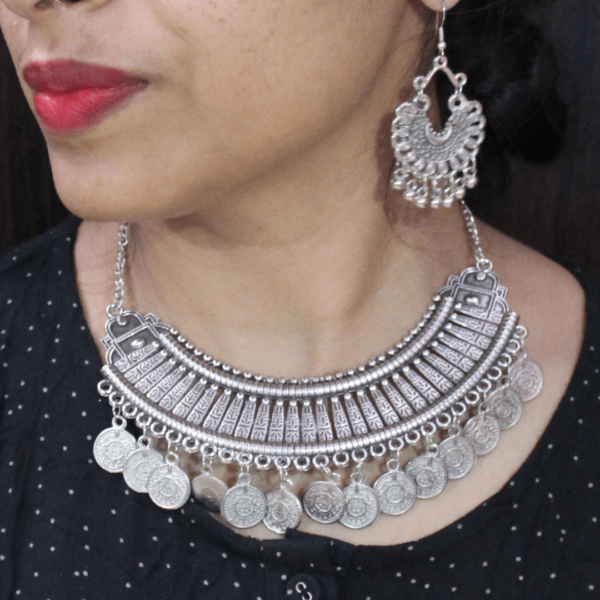 Glitterrie Vintage Boho Tribal Coin Necklace and Chandbali Choker Necklace Earrings Set, Antique Silver Tone, Traditional Indian Style For Girls & Women