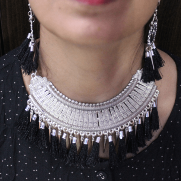 Glitterrie Stylish Bohemian Statement Necklace Set with Black Tassels, Antique Silver Tribal Design, Matching Earrings for Girls & Women