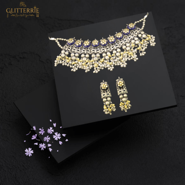 Glitterrie Handcrafted Traditional Kundan Choker Necklace & Earrings Set |Oxidized Jewelry with Pearl Drops | Perfect for Bridal, Party & Ethnic Wear