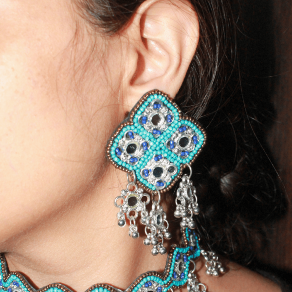 Glitterrie Handcrafted Vintage Ethnic Choker Necklace and Earrings Set, Blue Crystal Beaded, Gold-Toned Danglers, Traditional Design for Girls & Women