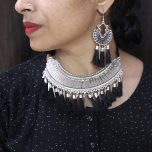 Glitterrie Stylish Bohemian Statement Necklace Set with Black Tassels, Antique Silver Tribal Design, Matching Earrings for Girls & Women