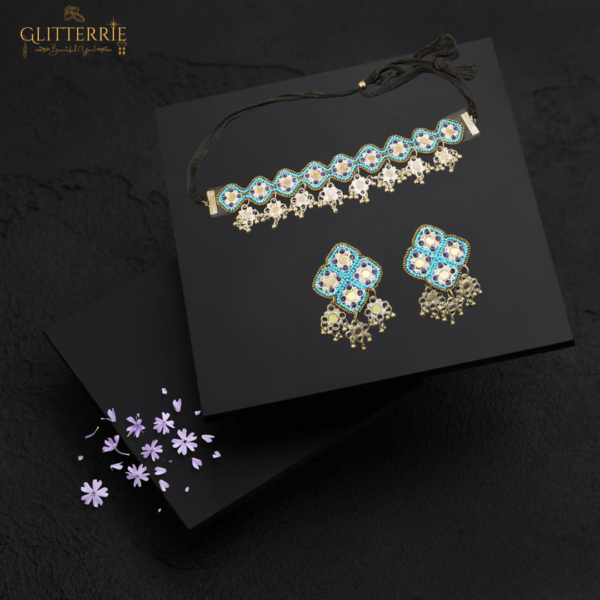 Glitterrie Handcrafted Vintage Ethnic Choker Necklace and Earrings Set, Blue Crystal Beaded, Gold-Toned Danglers, Traditional Design for Girls & Women