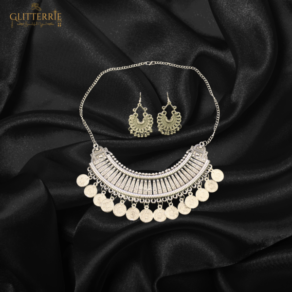 Glitterrie Vintage Boho Tribal Coin Necklace and Chandbali Choker Necklace Earrings Set, Antique Silver Tone, Traditional Indian Style For Girls & Women
