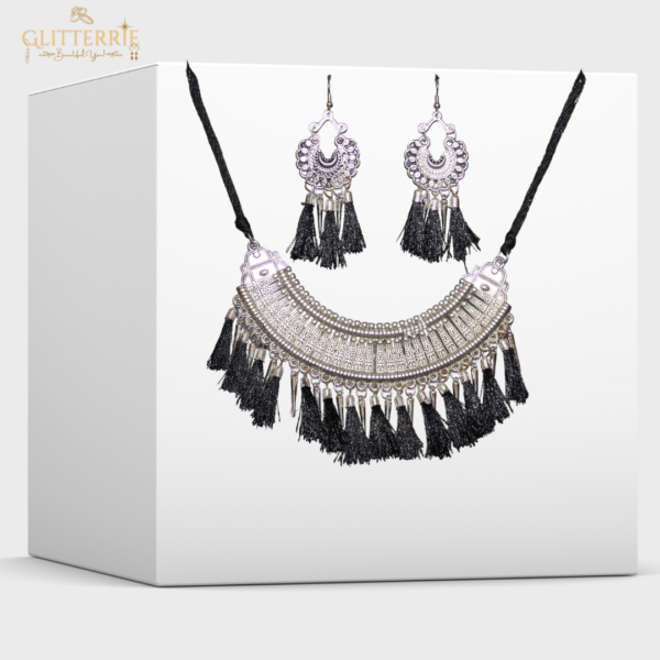 Glitterrie Stylish Bohemian Statement Necklace Set with Black Tassels, Antique Silver Tribal Design, Matching Earrings for Girls & Women
